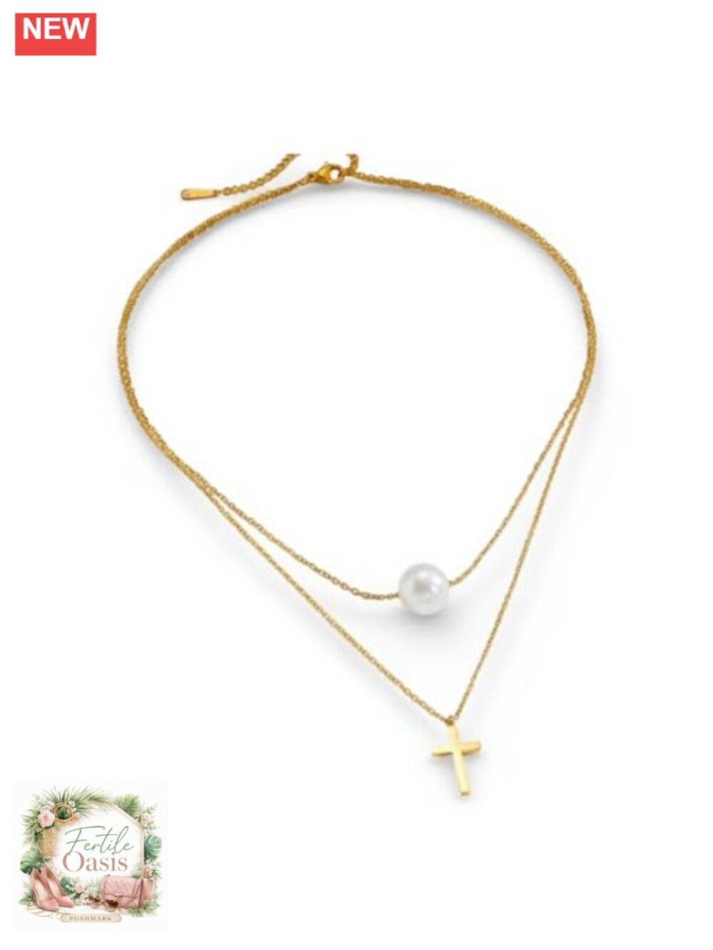 Layered Pearl Cross Choker Necklace Gold Plated Trendy Adjustable Jewelry